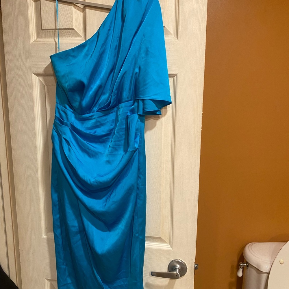 One-Shoulder Teal Satin Cocktail Dress